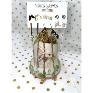 Set of 6 Gold Toned Butterfly & Stud Earring Set With Chains